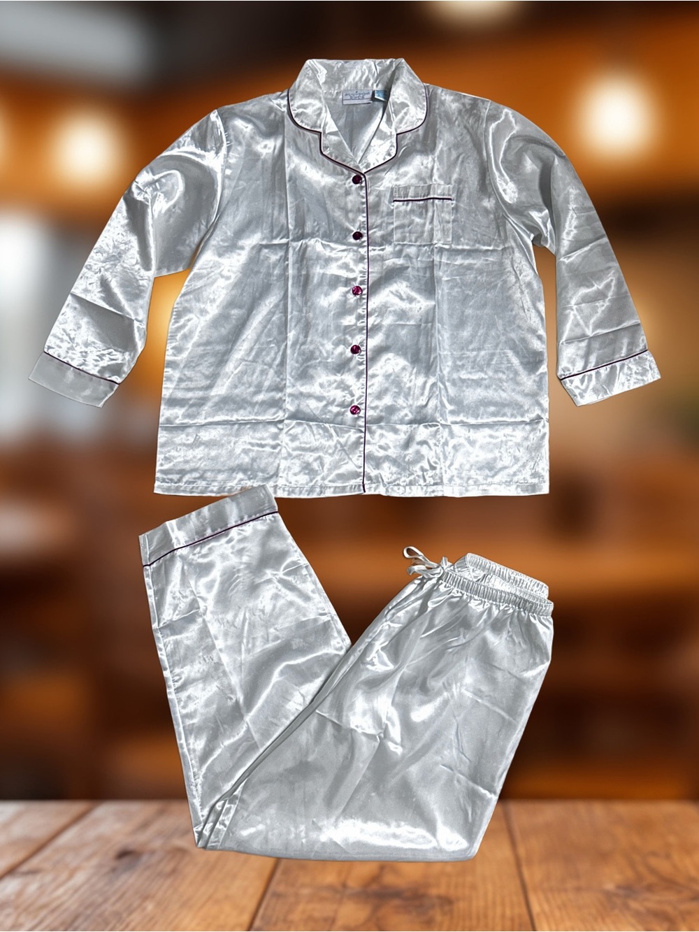 Allison Rhea ~ X-Large ~ White Satin W/ Red Trim & Buttons Pajamas (Top/ Pants)
